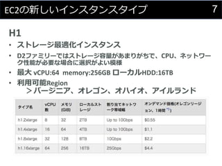 7EC2の新しいインスタンスタイプ
H1
• ストレージ最適化インスタンス
• D2ファミリーではストレージ容量があまりがちで、CPU、ネットワー
ク性能が必要な場合に選択がよい模様
• 最大 vCPU:64 memory:256GB ローカルHDD:16TB
• 利用可能Region
＞バージニア、オレゴン、オハイオ、アイルランド
 