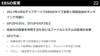 22EBSの変更
• 2017年2⽉のアップデートでEBSのタイプ変更と容量追加がオンラ
インで可能に
• GP2からIO1、IO1からGP2など
• 追加分の容量を利⽤するためにはファイルシステムの拡張が必要
• GP2では..
• 容量追加に伴うIO性能向上は⾃動で反映
• クレジット枯渇時に容量変更すると、クレジットが完全に回復
• ただし、1度変更すると次の変更は6時間後まで不可能
 