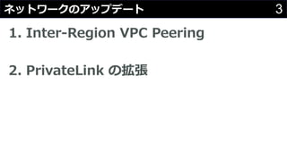 3ネットワークのアップデート
1. Inter-Region VPC Peering
2. PrivateLink の拡張
 