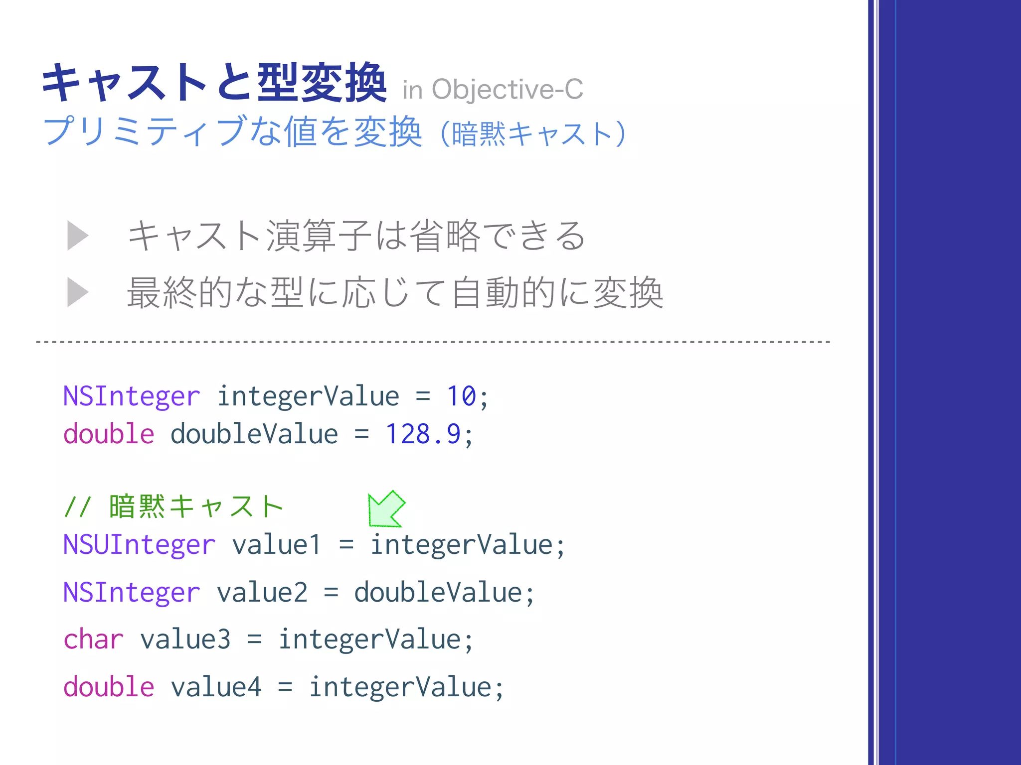 NSInteger integerValue = 10;
double doubleValue = 128.9;
// 暗黙キャスト
NSUInteger value1 = integerValue;
NSInteger value2 = doubleValue;
char value3 = integerValue;
double value4 = integerValue;
 