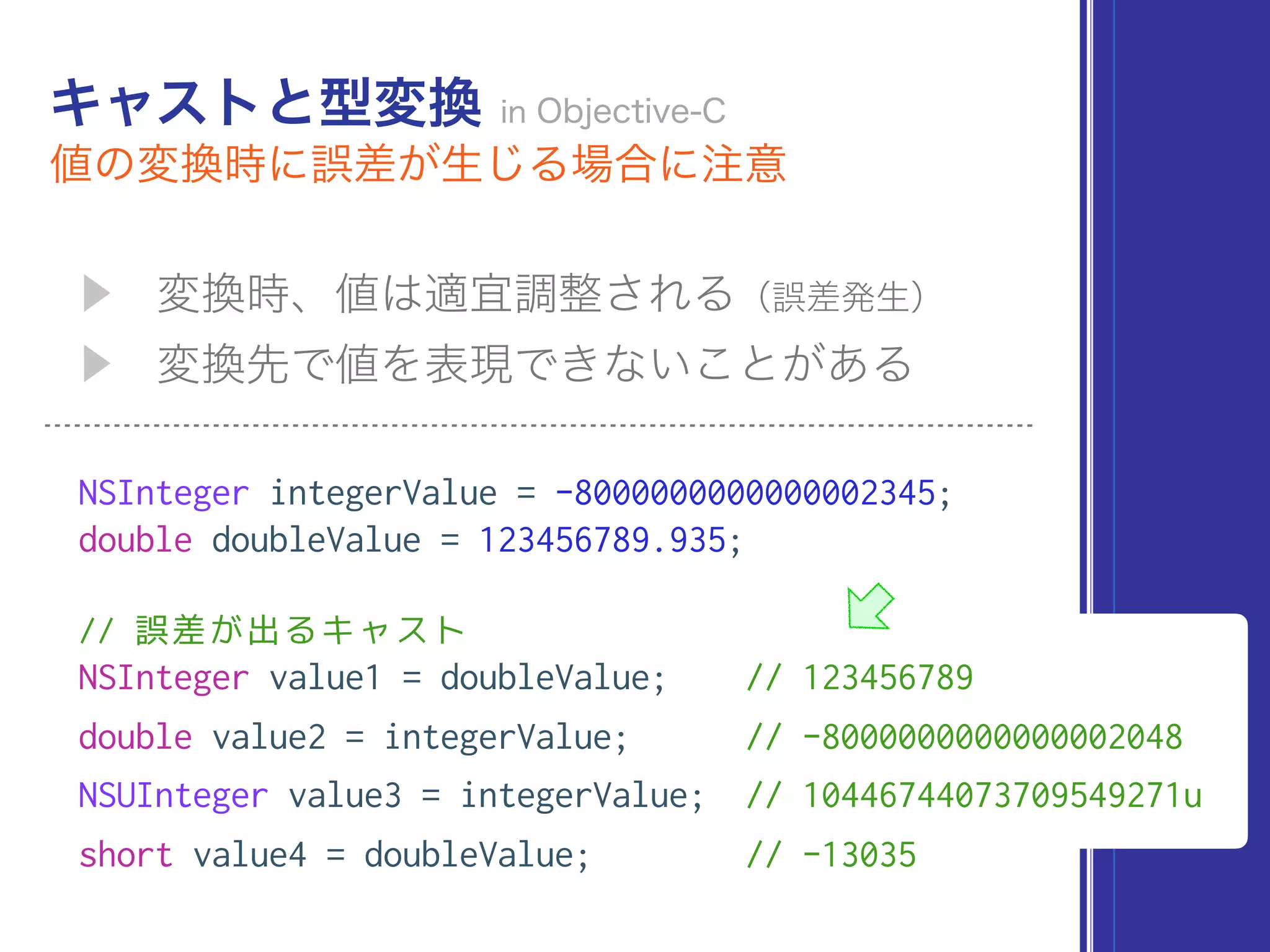 NSInteger integerValue = -8000000000000002345;
double doubleValue = 123456789.935;
// 誤差が出るキャスト
NSInteger value1 = doubleValue; // 123456789
double value2 = integerValue; // -8000000000000002048
NSUInteger value3 = integerValue; // 10446744073709549271u
short value4 = doubleValue; // -13035
 