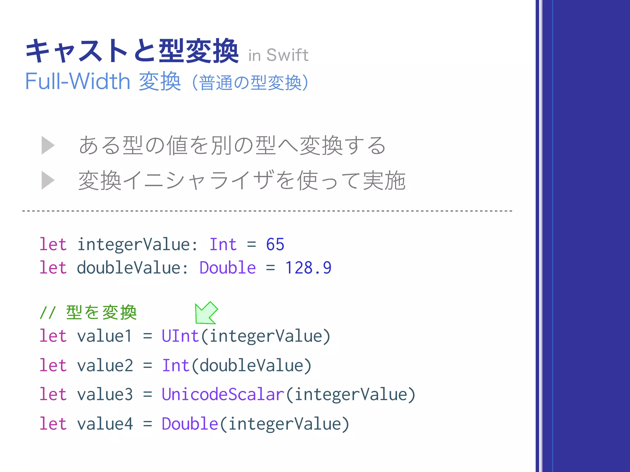 let integerValue: Int = 65
let doubleValue: Double = 128.9
// 型を変換
let value1 = UInt(integerValue)
let value2 = Int(doubleValue)
let value3 = UnicodeScalar(integerValue)
let value4 = Double(integerValue)
 