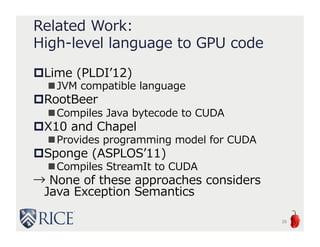 Related Work:
High-level language to GPU code
Lime (PLDI’12)
JVM compatible language
RootBeer
Compiles Java bytecode to CUDA
X10 and Chapel
Provides programming model for CUDA
Sponge (ASPLOS’11)
Compiles StreamIt to CUDA
→ None of these approaches considers
Java Exception Semantics
28
 
