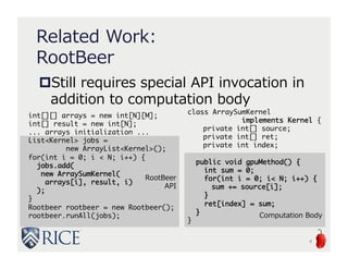 Computation Body
RootBeer
API
Related Work:
RootBeer
Still requires special API invocation in
addition to computation body
4
int[][] arrays = new int[N][M];
int[] result = new int[N];
... arrays initialization ...
List<Kernel> jobs =
new ArrayList<Kernel>();
for(int i = 0; i < N; i++) {
jobs.add(
new ArraySumKernel(
arrays[i], result, i)
);
}
Rootbeer rootbeer = new Rootbeer();
rootbeer.runAll(jobs);
class ArraySumKernel
implements Kernel {
private int[] source;
private int[] ret;
private int index;
public void gpuMethod() {
int sum = 0;
for(int i = 0; i< N; i++) {
sum += source[i];
}
ret[index] = sum;
}
}
 
