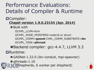 Performance Evaluations:
Details of Compiler & Runtime
Compiler:
Chapel version 1.9.0.23154 (Apr. 2014)
 Built with
CHPL_LLVM=llvm
CHPL_WIDE_POINTERS=node16 or struct
CHPL_COMM=gasnet CHPL_COMM_SUBSTRATE=ibv
CHPL_TASK=qthread
Backend compiler: gcc-4.4.7, LLVM 3.3
Runtime:
 GASNet-1.22.0 (ibv-conduit, mpi-spawner)
 qthreads-1.10
(2 Shepherds, 6 worker per shepherd) 15
 