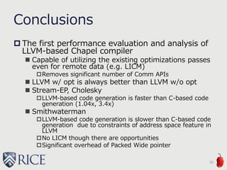 Conclusions
 The first performance evaluation and analysis of
LLVM-based Chapel compiler
 Capable of utilizing the existing optimizations passes
even for remote data (e.g. LICM)
Removes significant number of Comm APIs
 LLVM w/ opt is always better than LLVM w/o opt
 Stream-EP, Cholesky
LLVM-based code generation is faster than C-based code
generation (1.04x, 3.4x)
 Smithwaterman
LLVM-based code generation is slower than C-based code
generation due to constraints of address space feature in
LLVM
No LICM though there are opportunities
Significant overhead of Packed Wide pointer
26
 
