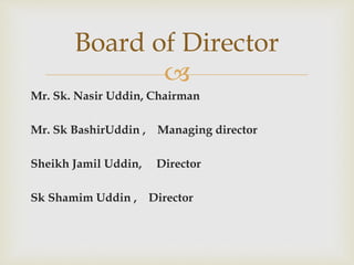 
Mr. Sk. Nasir Uddin, Chairman
Mr. Sk BashirUddin , Managing director
Sheikh Jamil Uddin, Director
Sk Shamim Uddin , Director
Board of Director
 