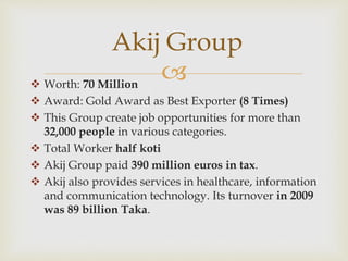 
Akij Group
 Worth: 70 Million
 Award: Gold Award as Best Exporter (8 Times)
 This Group create job opportunities for more than
32,000 people in various categories.
 Total Worker half koti
 Akij Group paid 390 million euros in tax.
 Akij also provides services in healthcare, information
and communication technology. Its turnover in 2009
was 89 billion Taka.
 