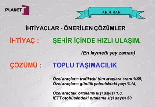 AKDURAK
İHTİYAÇLAR - ÖNERİLEN ÇÖZÜMLER
İHTİYAÇ : ŞEHİR İÇİNDE HIZLI ULAŞIM.
(En kıymetli şey zaman)
ÇÖZÜMÜ : TOPLU TAŞIMACILIK
Özel araçların trafikteki tüm araçlara oranı %95,
Özel araçların günlük yolculuktaki payı %14,
Özel araçtaki ortalama kişi sayısı 1.8,
IETT otobüsündeki ortalama kişi sayısı 50.
 