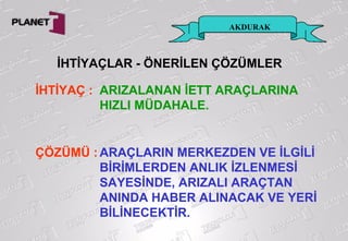 AKDURAK
İHTİYAÇ : ARIZALANAN İETT ARAÇLARINA
HIZLI MÜDAHALE.
ÇÖZÜMÜ : ARAÇLARIN MERKEZDEN VE İLGİLİ
BİRİMLERDEN ANLIK İZLENMESİ
SAYESİNDE, ARIZALI ARAÇTAN
ANINDA HABER ALINACAK VE YERİ
BİLİNECEKTİR.
İHTİYAÇLAR - ÖNERİLEN ÇÖZÜMLER
 