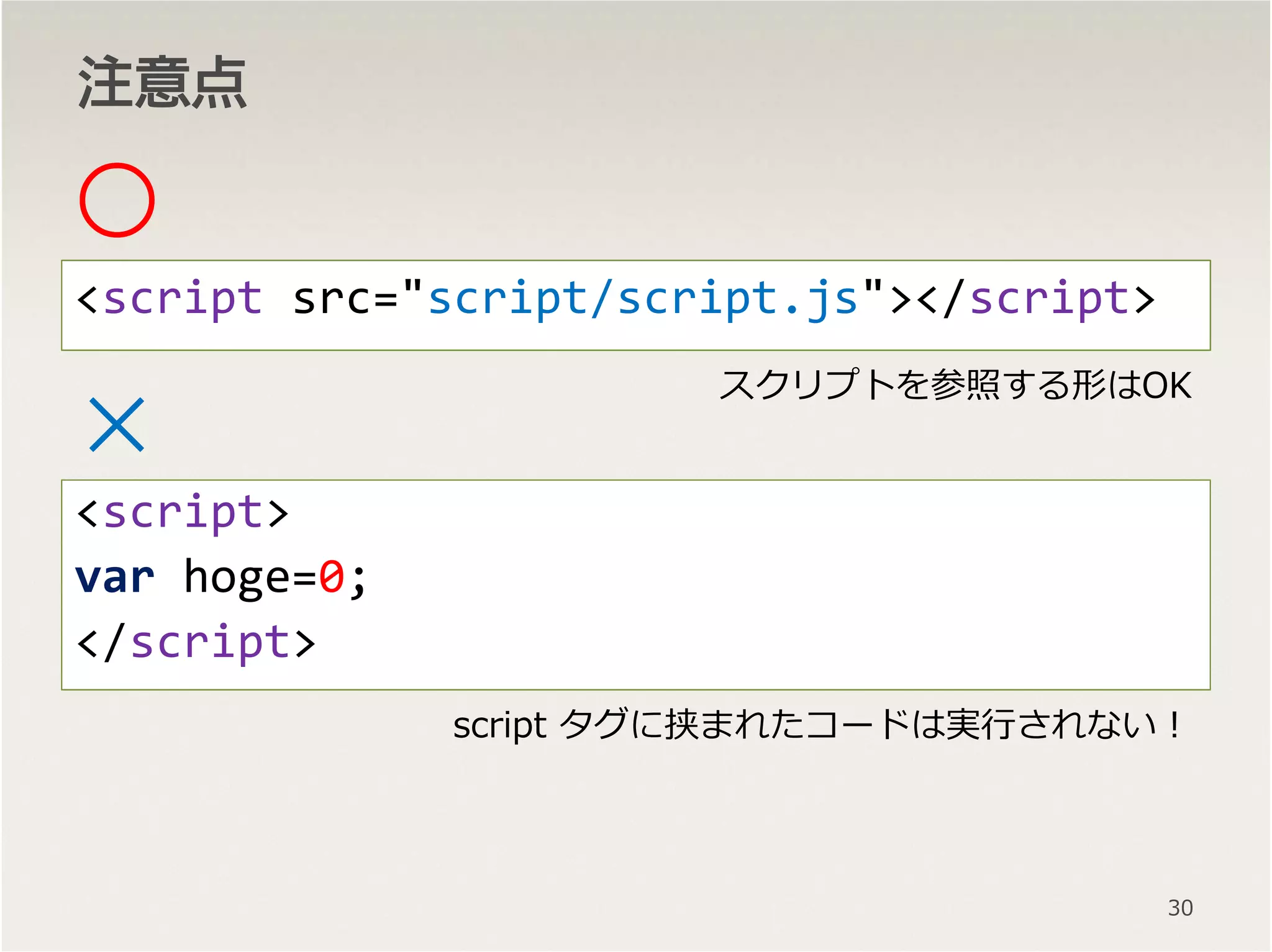 注意点注意点注意点注意点
○○○○
<script src="script/script.js"></script>
××××
<script>
var hoge=0;
</script>
30
スクリプトを参照する形はOK
script タグに挟まれたコードは実⾏されない！
 