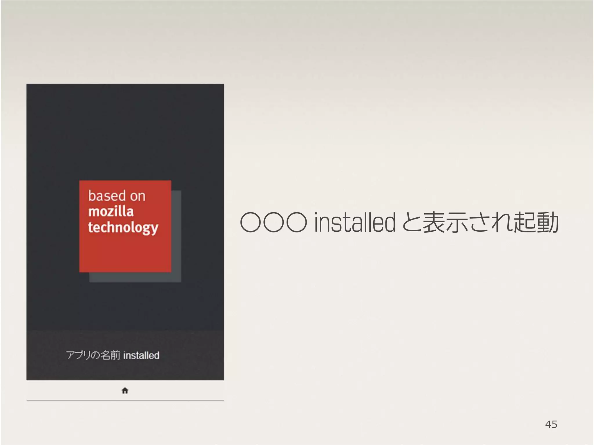 ○○○ installed と表示され起動
45
 