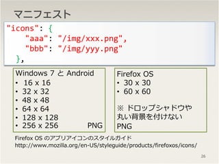 ޥ˥եȥޥ˥եȥޥ˥եȥޥ˥ե
26
"icons": {
"aaa": "/img/xxx.png",
"bbb": "/img/yyy.png"
},
Windows 7  Android
? 16 x 16
? 32 x 32
? 48 x 48
? 64 x 64
? 128 x 128
? 256 x 256 PNG
Firefox OS
? 30 x 30
? 60 x 60
 ɥåץɥ
褤򸶤ʤ
PNG
Firefox OS ΥץꥢΥ륬
http://www.mozilla.org/en-US/styleguide/products/firefoxos/icons/
 