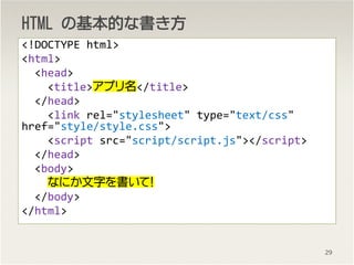 HTMLHTMLHTMLHTML ΤΤΤλĻĻĻĤʤʤʤʕ
<!DOCTYPE html>
<html>
<head>
<title>ץ</title>
</head>
<link rel="stylesheet" type="text/css"
href="style/style.css">
<script src=/slideshow/akimoto20130312/21261263/"script/script.js"></script>
</head>
<body>
ʤˤ֤ƣ
</body>
</html>
29
 