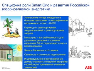 Специфика роли Smart Grid и развития Российской
возобновляемой энергетики
© ABB Group
April 9, 2014 | Slide 22
 Уменьшение потерь передачи на
большие расстояния – географическая
протяженность сети - HVDC
 Переход от транспортировки
энергоносителей к транспортировке
энергии
 Микрогрид – востребованность для
удаленных регионов – половина
населения РФ не подключено к газо- и
нефтепроводам
 Запасы биомассы и с/х земель
 Стоимость и сложности подключения
 Индивидуальное энергоснабжение
домов; стоимость котеджной застройки
способствует применению новейших
технологий
 