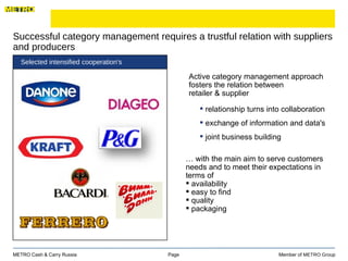 Successful category management requires a trustful relation with suppliers and producers Page  Member of  METRO Group METRO Cash & Carry Russia relationship turns into collaboration exchange of information and data's  joint business building Active category management approach  fosters the relation between  retailer & supplier …  with the main aim to serve customers needs and to meet their expectations in  terms of  availability easy to find quality packaging Selected intensified cooperation's 