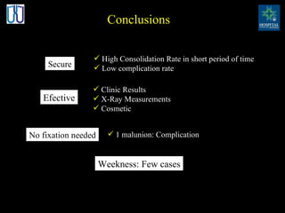 Conclusions High Consolidation Rate in short period of time Low complication rate Efective Secure Clinic Results X-Ray Measurements Cosmetic No fixation needed 1 malunion: Complication Weekness: Few cases 
