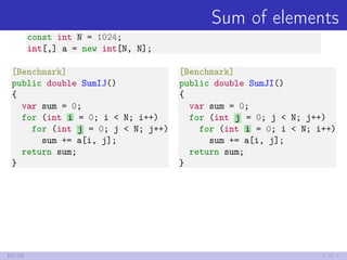 Sum of elements
const int N = 1024;
int[,] a = new int[N, N];
[Benchmark]
public double SumIJ()
{
var sum = 0;
for (int i = 0; i < N; i++)
for (int j = 0; j < N; j++)
sum += a[i, j];
return sum;
}
[Benchmark]
public double SumJI()
{
var sum = 0;
for (int j = 0; j < N; j++)
for (int i = 0; i < N; i++)
sum += a[i, j];
return sum;
}
10/29
 