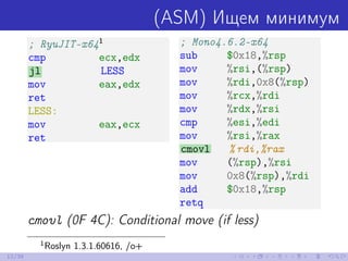 (ASM) Ищем минимум
; RyuJIT-x641
cmp ecx,edx
jl LESS
mov eax,edx
ret
LESS:
mov eax,ecx
ret
; Mono4.6.2-x64
sub $0x18,%rsp
...