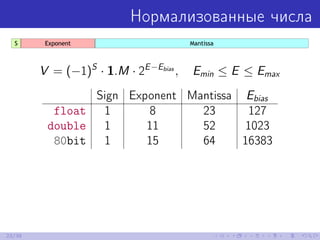 Нормализованные числа
V = (−1)S
· 1.M · 2E−Ebias
, Emin ≤ E ≤ Emax
Sign Exponent Mantissa Ebias
float 1 8 23 127
double 1 ...