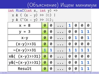 (Объяснение) Ищем минимум
int MinC(int x, int y) =>
x & ( (x - y) >> 31) |
y & (~(x - y) >> 31);
10/39
 