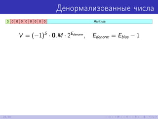 Денормализованные числа
V = (−1)S
· 0.M · 2Edenorm
, Edenorm = Ebias − 1
25/39
 