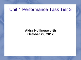 Unit 1 Performance Task Tier 3



       Akira Hollingsworth
        October 29, 2012
 