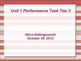 Unit 1 Performance Task Tier 3




       Akira Hollingsworth
        October 29, 2012
 