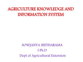 AGRICULTURE KNOWLEDGE AND
INFORMATION SYSTEM
SOWJANYA SEETHARAMA
I Ph.D
Dept of Agricultural Extension
 