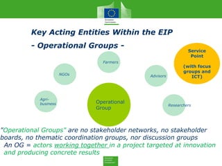Farmers
NGOs Advisors
Researchers
Agri-
business Operational
Group
Key Acting Entities Within the EIP
- Operational Groups -
"Operational Groups" are no stakeholder networks, no stakeholder
boards, no thematic coordination groups, nor discussion groups
An OG = actors working together in a project targeted at innovation
and producing concrete results
Service
Point
(with focus
groups and
ICT)
 