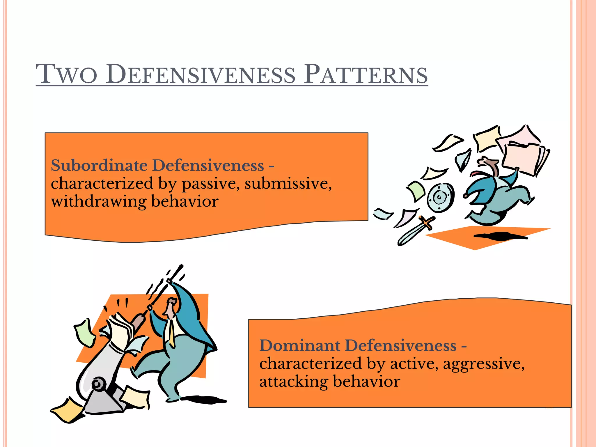 TWO DEFENSIVENESS PATTERNS
Dominant Defensiveness -
characterized by active, aggressive,
attacking behavior
Subordinate Defensiveness -
characterized by passive, submissive,
withdrawing behavior
 