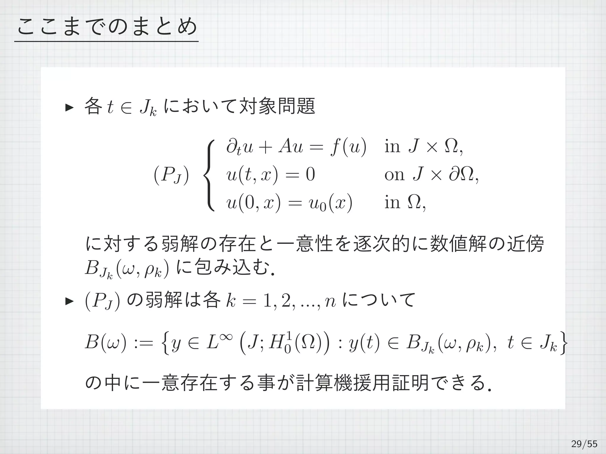 ここまでのまとめ
▶ 各 t ∈ Jk において対象問題
(PJ )



∂tu + Au = f(u) in J × Ω,
u(t, x) = 0 on J × ∂Ω,
u(0, x) = u0(x) in Ω,
に対する弱解の存在と一意性を逐次的に数値解の近傍
BJk
(ω, ρk) に包み込む．
▶ (PJ ) の弱解は各 k = 1, 2, ..., n について
B(ω) :=
{
y ∈ L∞
(
J; H1
0 (Ω)
)
: y(t) ∈ BJk
(ω, ρk), t ∈ Jk
}
の中に一意存在する事が計算機援用証明できる．
29/55
 