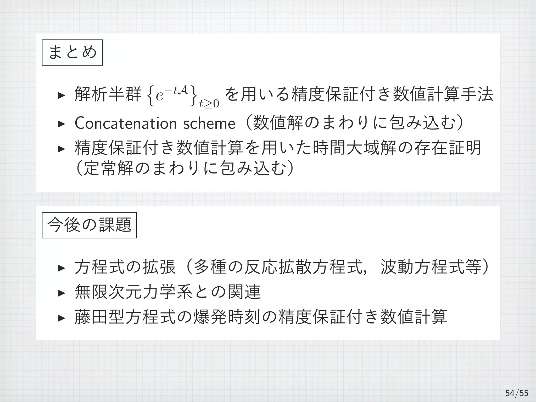 まとめ
▶ 解析半群
{
e−tA
}
t≥0
を用いる精度保証付き数値計算手法
▶ Concatenation scheme（数値解のまわりに包み込む）
▶ 精度保証付き数値計算を用いた時間大域解の存在証明
（定常解のまわりに包み込む）
今後の課題
▶ 方程式の拡張（多種の反応拡散方程式，波動方程式等）
▶ 無限次元力学系との関連
▶ 藤田型方程式の爆発時刻の精度保証付き数値計算
54/55
 