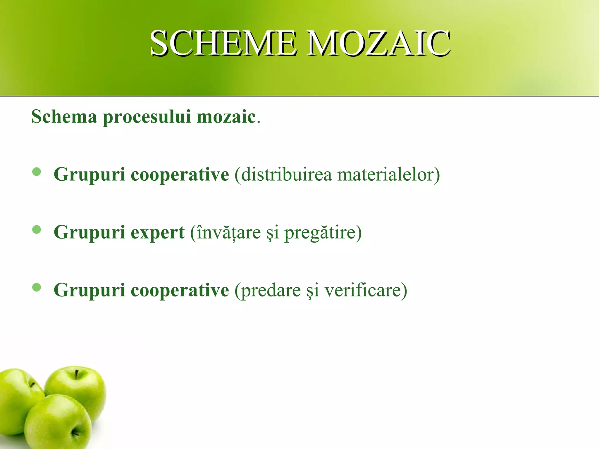 SCHEME MOZAICSCHEME MOZAIC
Schema procesului mozaic.
 Grupuri cooperative (distribuirea materialelor)
 Grupuri expert (învăţare şi pregătire)
 Grupuri cooperative (predare şi verificare)
 