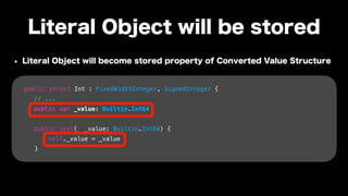 public struct Int : FixedWidthInteger, SignedInteger {
// ...
public var _value: Builtin.Int64
public init(_ _value: Builtin.Int64) {
self._value = _value
}
 
