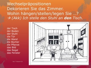 Wechselpräpositionen
Dekorieren Sie das Zimmer.
Wohin hängen/stellen/legen Sie …?
 (Akk) Ich stelle den Stuhl an den Tisch.
Dec 7 Session 54
der Tisch
der Boden
der Stuhl
die Tür
die Wand
die Bücher
die Pflanze
das Bild
das Regal
das Fenster
 