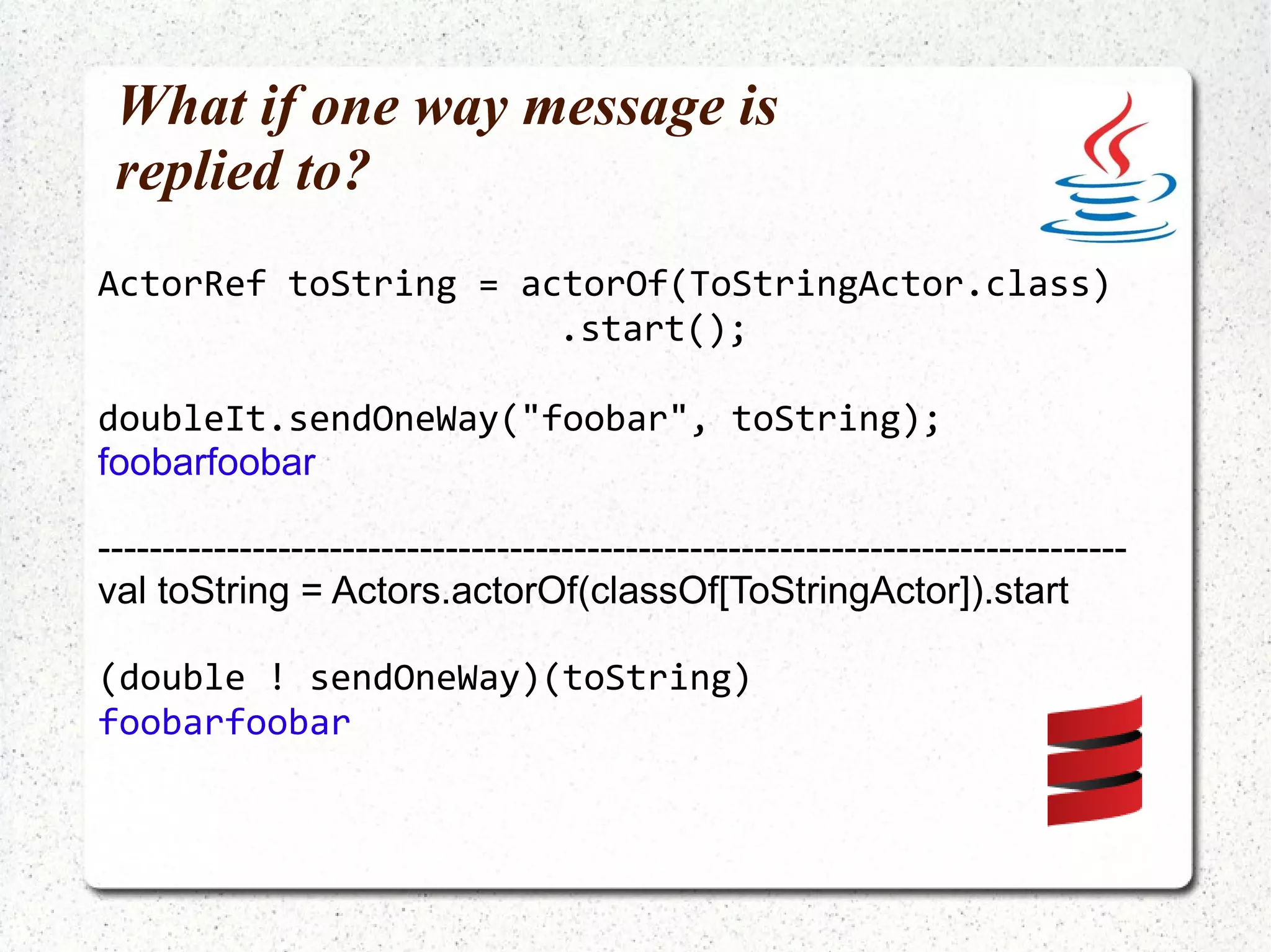 Nothing prevents this  (ns tfd.clojurefun.ClojureActor (:gen-class :extends akka.actor.UntypedActor ) ) (defn -onReceive [this msg] (println (.toString msg)) ) 