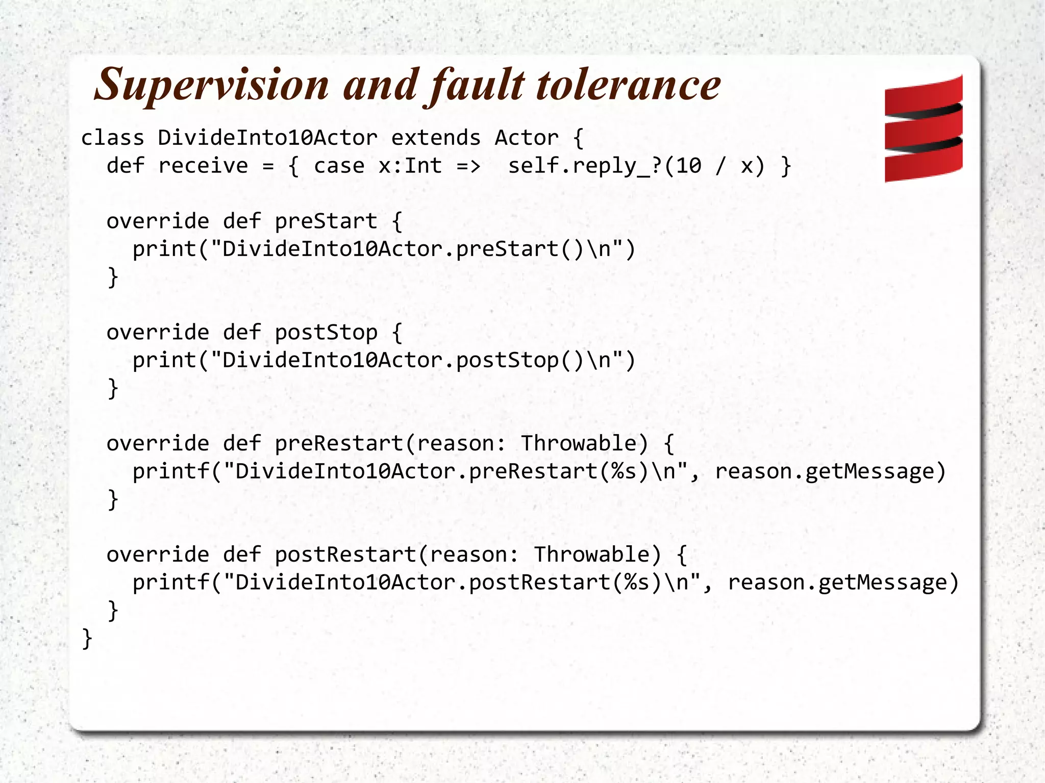 Work stealing event dispatcher public class FooActor extends UntypedActor { public static MessageDispatcher dispatcher = Dispatchers .newExecutorBasedEventDrivenWorkStealingDispatcher("foobar", 5) .build(); private static int currentId = 0; private final int instanceId; private int count = 0; public FooActor() { getContext().setDispatcher(dispatcher); instanceId = currentId++; } 