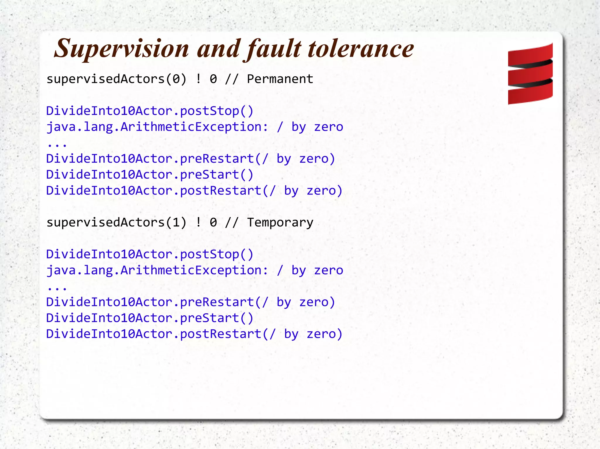 Foo 0 processed : 0 (count = 1) on Thread : akka:event-driven:dispatcher:foobar-1 Foo 1 processed : 1 (count = 1) on Thread : akka:event-driven:dispatcher:foobar-2 Foo 0 processed : 2 (count = 2) on Thread : akka:event-driven:dispatcher:foobar-3 Foo 1 processed : 3 (count = 2) on Thread : akka:event-driven:dispatcher:foobar-4 Foo 0 processed : 4 (count = 3) on Thread : akka:event-driven:dispatcher:foobar-5 Foo 1 processed : 5 (count = 3) on Thread : akka:event-driven:dispatcher:foobar-6 Foo 0 processed : 6 (count = 4) on Thread : akka:event-driven:dispatcher:foobar-7 Foo 0 processed : 7 (count = 5) on Thread : akka:event-driven:dispatcher:foobar-8 Foo 1 processed : 8 (count = 4) on Thread : akka:event-driven:dispatcher:foobar-9 Foo 0 processed : 9 (count = 6) on Thread : akka:event-driven:dispatcher:foobar-10 