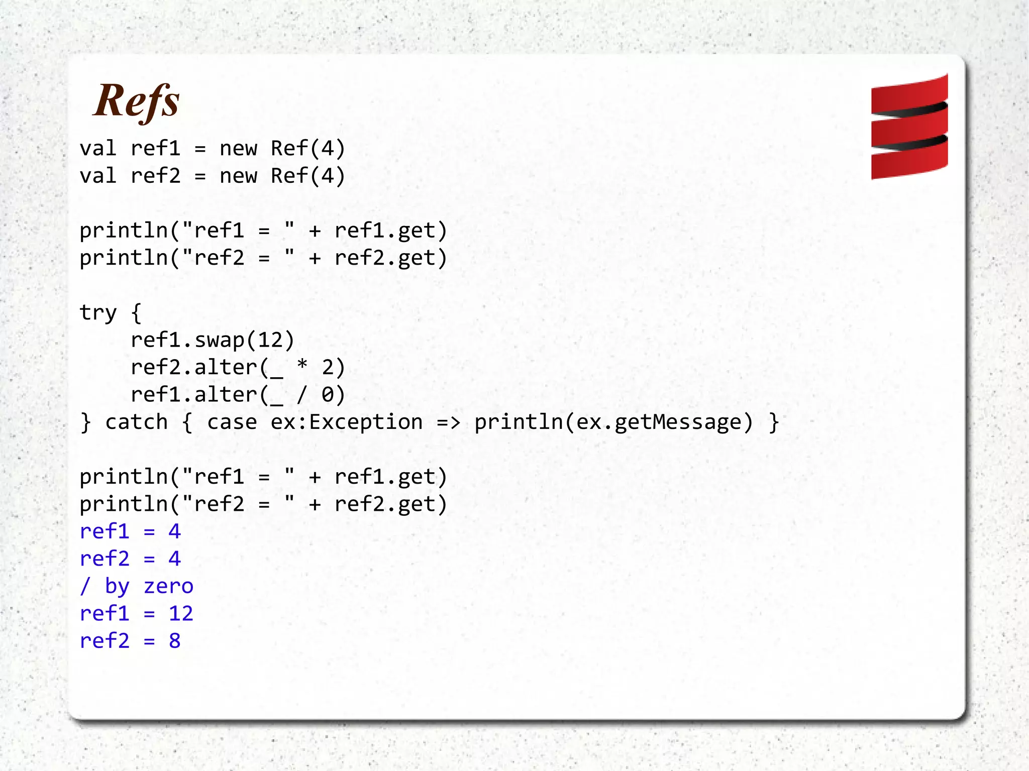 Back to (the) Future val future =  Future  { Thread.sleep(1000) 42 } val doubleItActor = actorOf(new Actor { def receive = { case x:Int => Thread.sleep(1000); self.reply(x * 2) case _ => self.reply(0) } } ).start val actorReply:Future[Int] =  doubleItActor !!! 73 val promise = Promise[Int] 