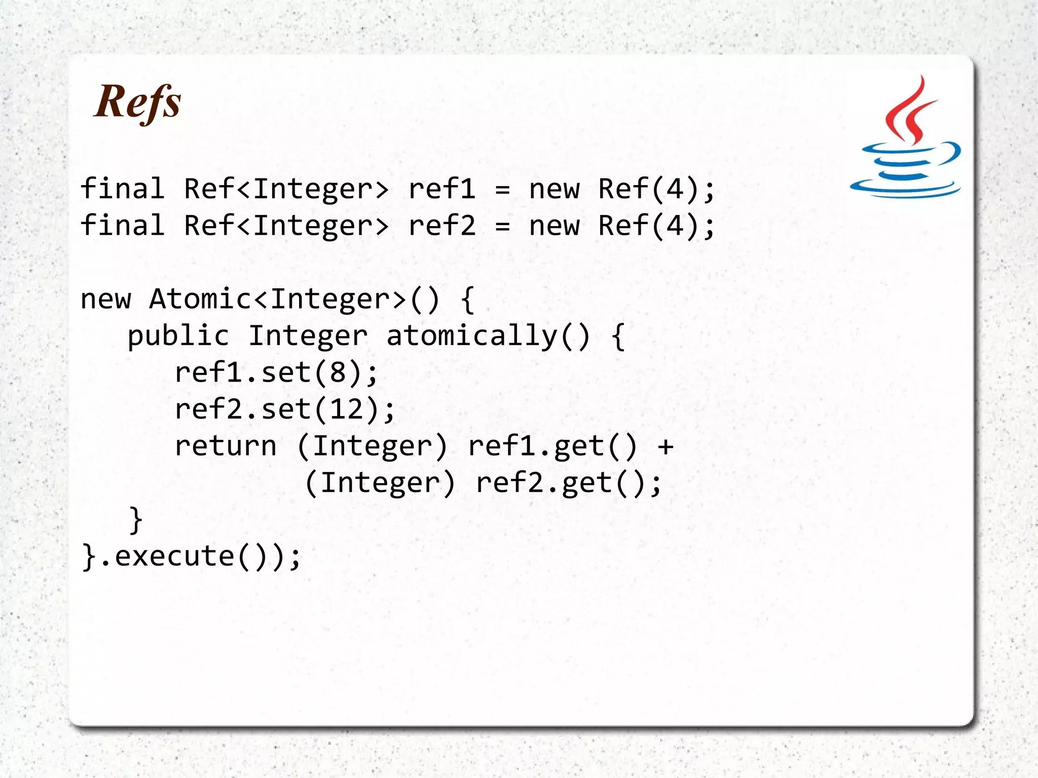 Back to (the) Future flow { promise << 23 } val totalFuture = for { x <- future y <- actorReply c <- promise } yield ( x + y + c ) println(totalFuture.get) 211 