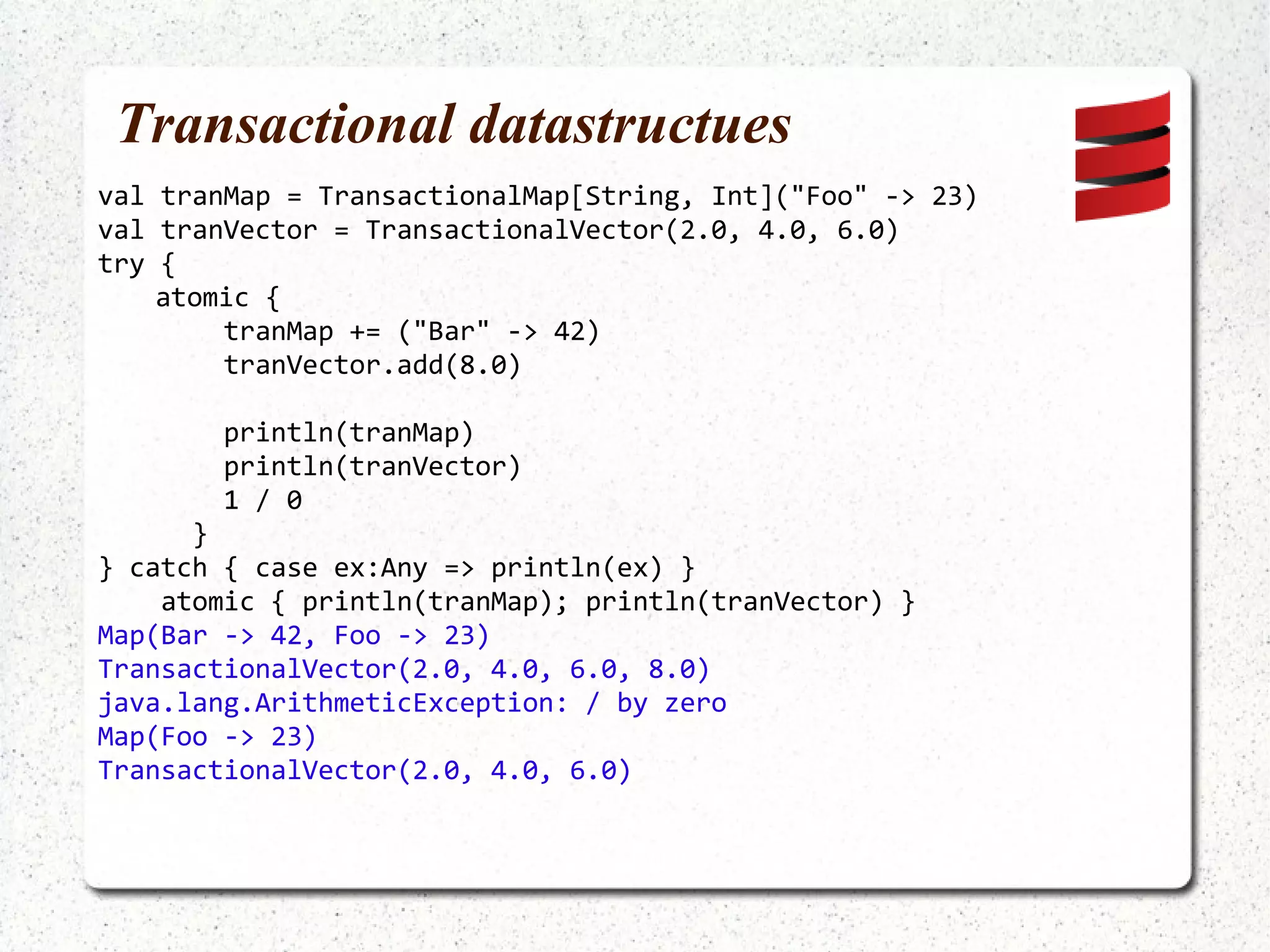 Back to (the) Future val resultList = Future. sequence ( List(future, actorReply, promise)).get println (resultList) List(42, 146, 23) println (resultList.reduce(_ + _)) 211 