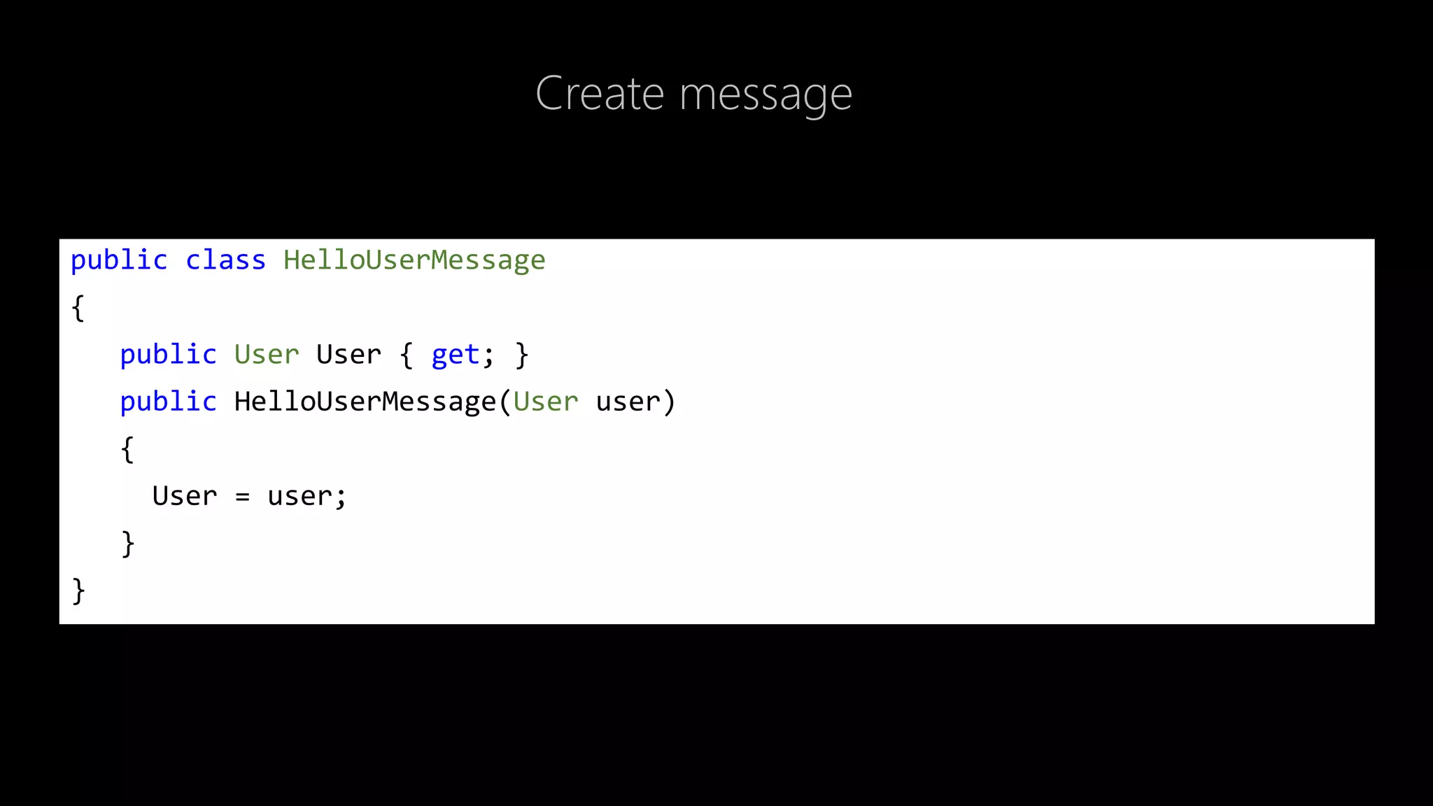 Create message
public class HelloUserMessage
{
public User User { get; }
public HelloUserMessage(User user)
{
User = user;
}
}
 
