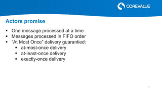  One message processed at a time
 Messages processed in FIFO order
 “At Most Once” delivery guarantied:
 at-most-once delivery
 at-least-once delivery
 exactly-once delivery
Actors promise
21
 