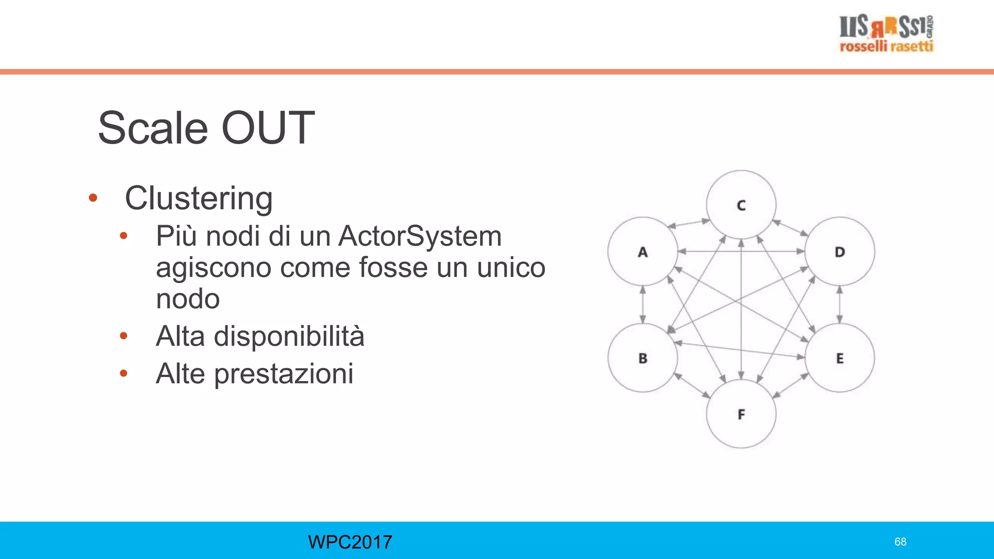 Scale OUT
• Clustering
• Più nodi di un ActorSystem
agiscono come fosse un unico
nodo
• Alta disponibilità
• Alte prestazioni
WPC2017 68
 