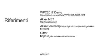 Riferimenti
WPC2017 Demo
https://github.com/delfuria/WPC2017-AKKA.NET
Akka .NET
http://getakka.net/
Akka Bootcamp https://github.com/petabridge/akka-
bootcamp
Gitter
https://gitter.im/akkadotnet/akka.net
WPC2017 77
 