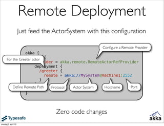 Remote Deployment
                    Just feed the ActorSystem with this conﬁguration

                                  ...