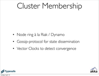 Cluster Membership


                    • Node ring à la Riak / Dynamo
                    • Gossip-protocol for state di...