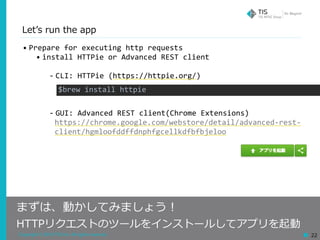 Copyright © 2018 TIS Inc. All rights reserved. 22
Letʼs run the app
まずは、動かしてみましょう！
HTTPリクエストのツールをインストールしてアプリを起動
• Prepare	for	executing	http	requests	
• install	HTTPie	or	Advanced	REST	client		
- CLI:	HTTPie	(https://httpie.org/)	
- GUI:	Advanced	REST	client(Chrome	Extensions)	
https://chrome.google.com/webstore/detail/advanced-rest-
client/hgmloofddffdnphfgcellkdfbfbjeloo
$brew	install	httpie
 