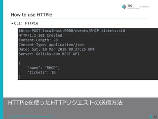 Copyright © 2018 TIS Inc. All rights reserved. 23
How to use HTTPie
HTTPieを使ったHTTPリクエストの送信⽅法
• CLI:	HTTPie	
$http	POST	localhost:5000/events/RHCP	tickets:=10	
HTTP/1.1	201	Created	
Content-Length:	28	
Content-Type:	application/json	
Date:	Sat,	10	Mar	2018	09:27:25	GMT	
Server:	GoTicks.com	REST	API	
{	
				"name":	"RHCP",	
				"tickets":	10	
}
 